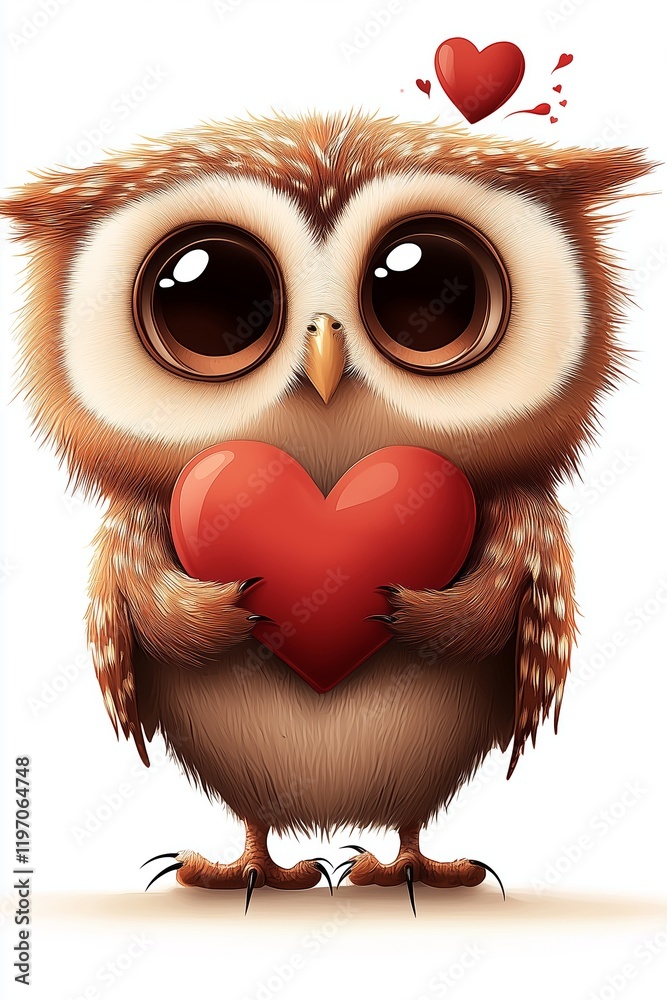 Obraz premium Cute owl holding a red heart in a whimsical and charming illustration