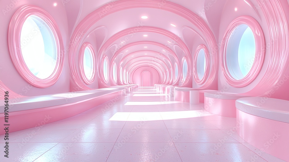 Obraz premium Pink Abstract Tunnel: An ethereal and mesmerizing abstract corridor, a pink tunnel with rounded windows and an endless perspective. The soft, diffused lighting creates a dreamy atmosphere.