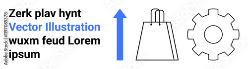 Shopping bag, gear, and upward arrow suggesting growth, progress, and productivity in business. Ideal for e-commerce, retail, growth strategies, productivity enhancement business improvement