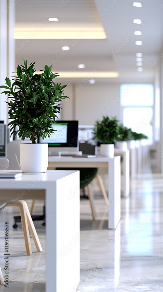Fototapeta premium A modern office space featuring minimalistic desks, potted plants, and well-lit interiors, creating a serene and productive work environment.