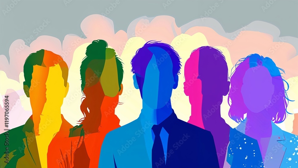 Inclusive business group as silhouettes in rainbow colors Inclusive business group as silhouettes in rainbow colors