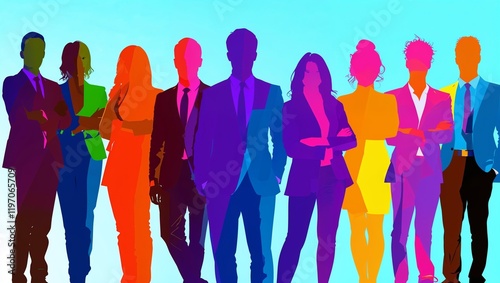 Inclusive business group as silhouettes in rainbow colors