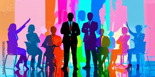 Inclusive business group as silhouettes in rainbow colors