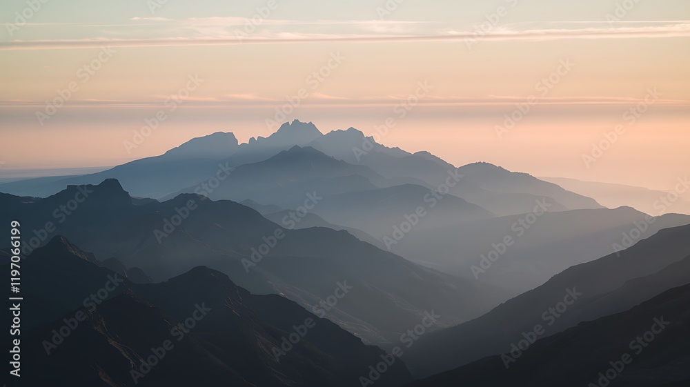 Layers of majestic mountains at dawn, kissed by soft light Layers of majestic mountains at dawn, kissed by soft light