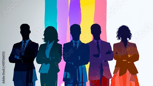 Inclusive business group as silhouettes in rainbow colors