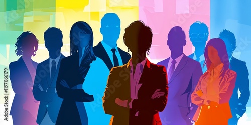 Inclusive business group as silhouettes in rainbow colors