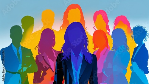 Inclusive business group as silhouettes in rainbow colors