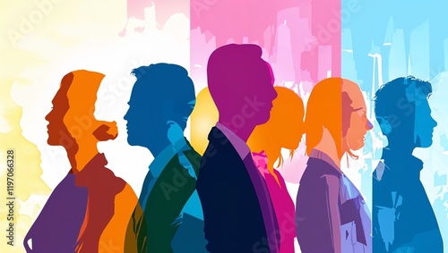 Inclusive business group as silhouettes in rainbow colors