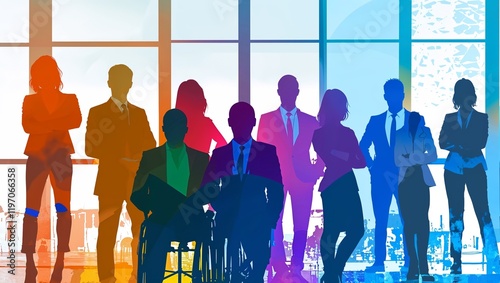 Inclusive business group as silhouettes in rainbow colors