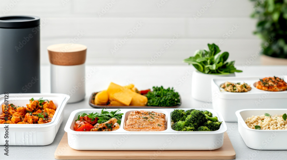 A vibrant display of healthy meal prep featuring various vegetables and grains in white containers, emphasizing nutritious eating. A vibrant display of healthy meal prep featuring various vegetables and grains in white containers, emphasizing nutritious eating.