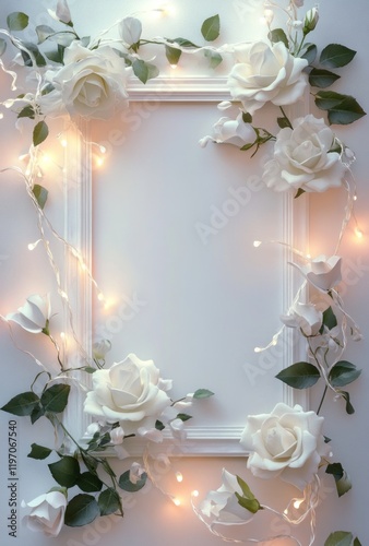 White roses frame, lights, blank space, wedding invitation
