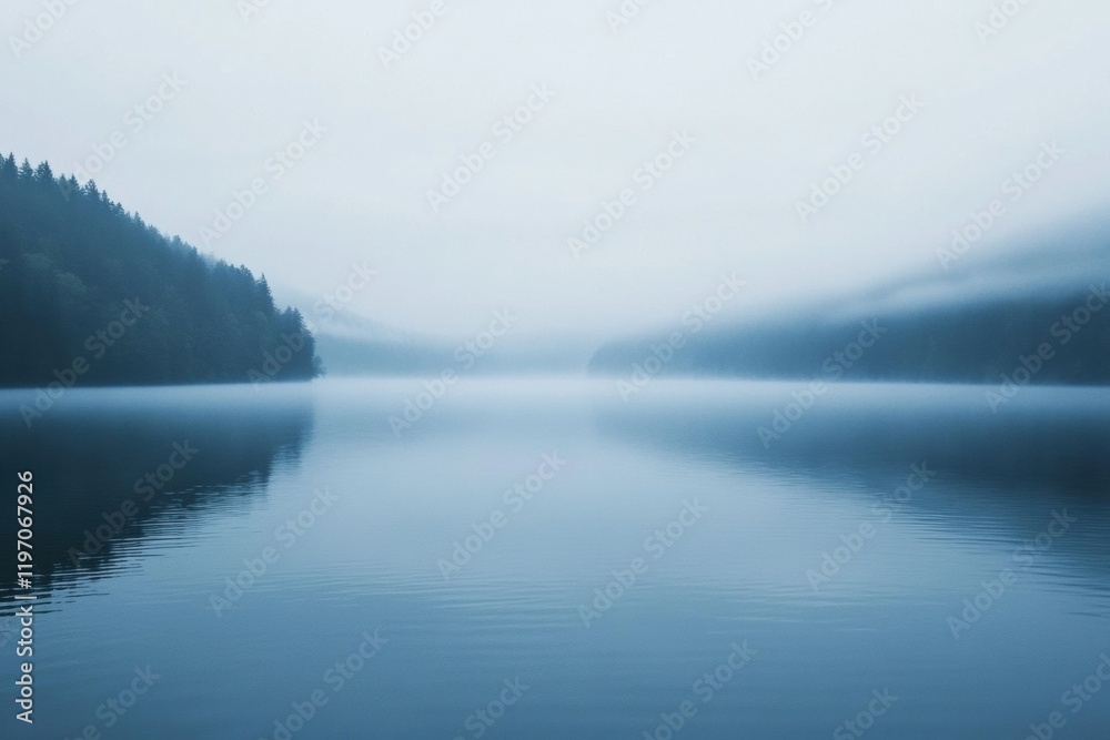 Obraz premium Tranquil lake surrounded by misty mountains creates a serene atmosphere for reflection and calmness. Generative AI