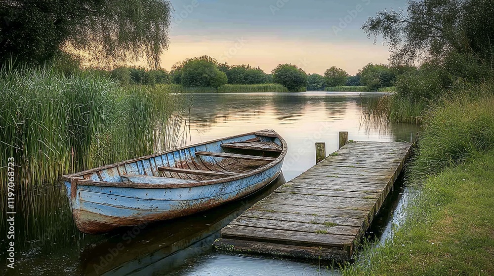 Serene lake sunset; old boat by dock. Peaceful nature scene, ideal for relaxation themes Serene lake sunset; old boat by dock. Peaceful nature scene, ideal for relaxation themes
