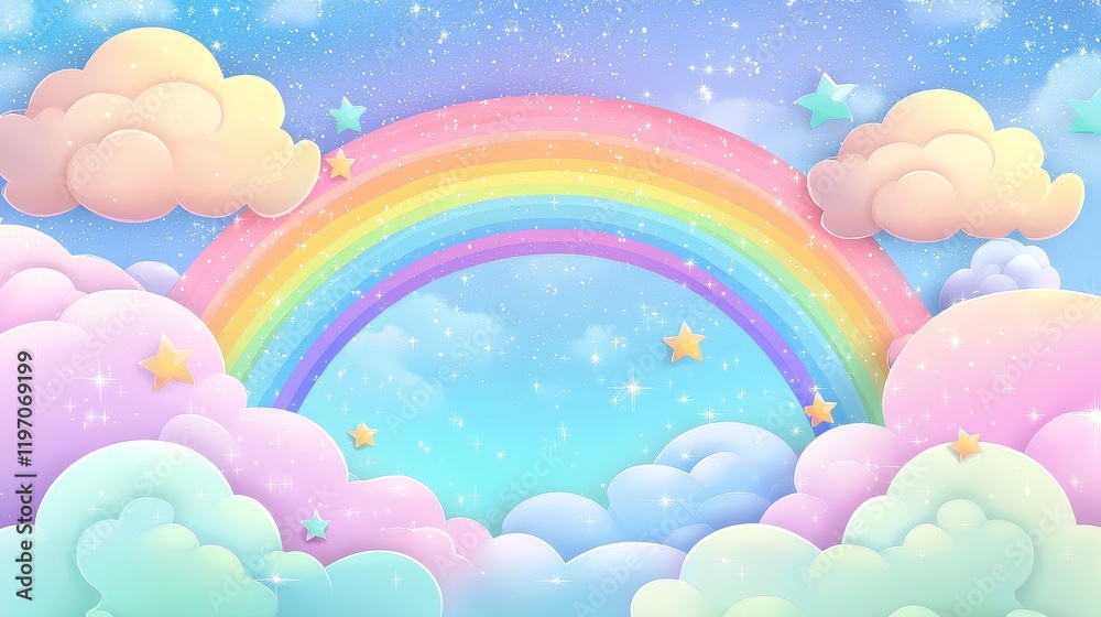 Whimsical pastel sky with a vibrant rainbow, fluffy clouds, and sparkling stars, creating a serene and magical dreamscape. Perfect for fantasy, playful, and enchanted themes. Whimsical pastel sky with a vibrant rainbow, fluffy clouds, and sparkling stars, creating a serene and magical dreamscape. Perfect for fantasy, playful, and enchanted themes.