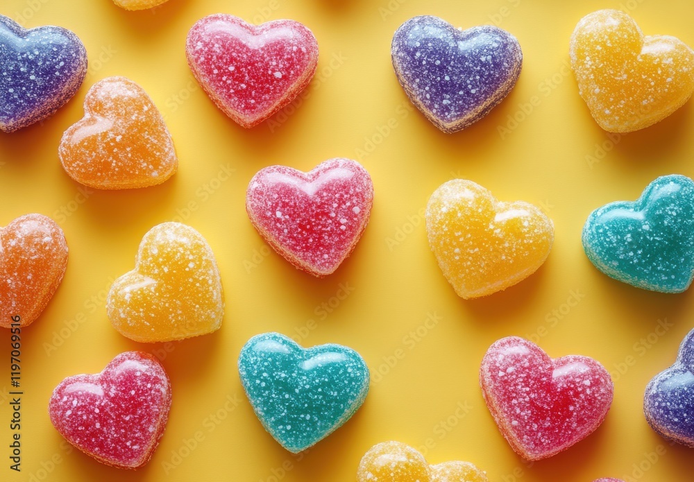 Fototapeta premium Colorful Heart-Shaped Gummies on Yellow Background, Vibrant Candy Confections Arranged for Festive Celebration or Sweet Treats Concept, Perfect for Designs