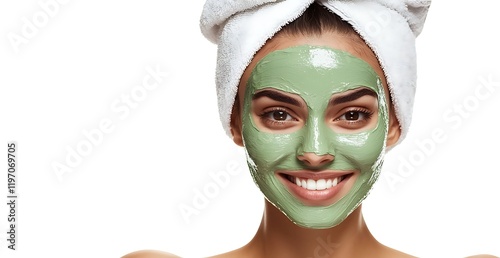 Relaxing Beauty Treatment with Green Facial Mask, White Towel, and Skincare for Glowing Skin, Rejuvenation, and Radiant Complexion at Spa for Self-Care and Wellness photo