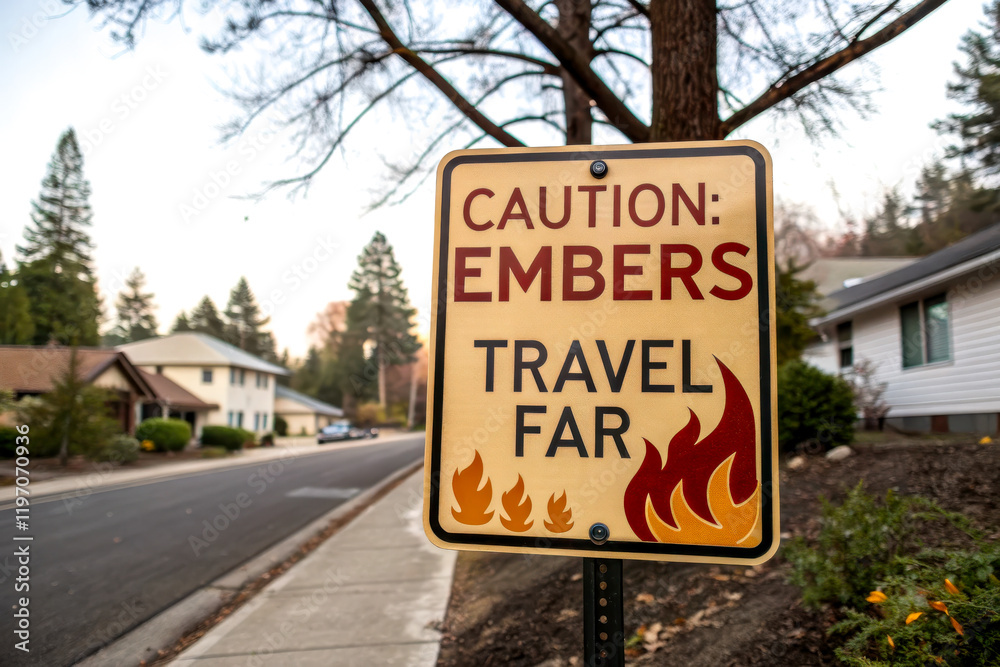 A caution sign warning about embers traveling far, located near a residential area with trees lining the street. A caution sign warning about embers traveling far, located near a residential area with trees lining the street.