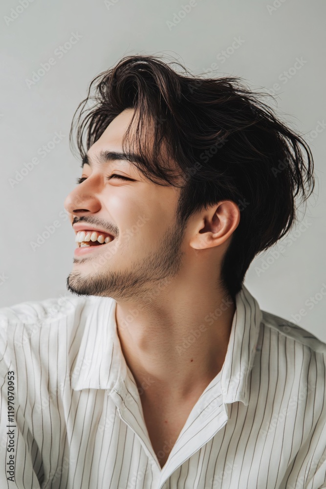 Happy Young Man Portrait Joyful Smile Stylish Hair Fashionable Shirt