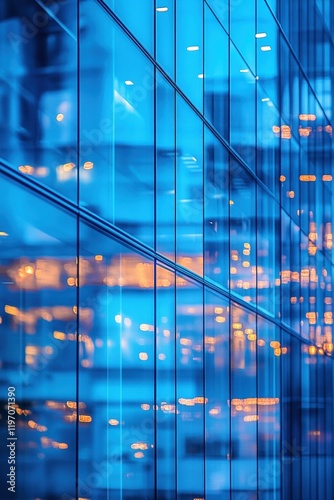 Modern glass building reflecting city lights in blue tones