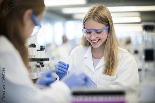 A young woman with rubber gloves, safety glasses and white lab coat is working in the laboratory.
