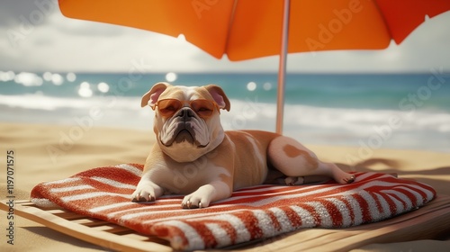 A dog resting on a beach towel under an umbrella, relaxing in the sun