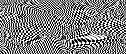 Chess wavy board optical visual illusion, checkerboard banner template. Black and white checkers squares, vector abstract background.