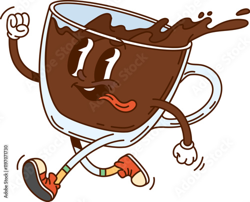 Cartoon groovy coffee glass cup funny character. Cafe coffee drink mug 60s 70s groovy vector character. Restaurant tea or hot chocolate cup funny hurrying and running isolated cartoon personage