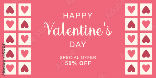 Happy Valentine's Day horizontal banner for sale. Red and pink hearts on the edges. Simple cute greeting card. Vector illustration.