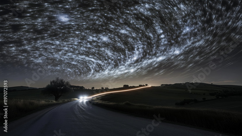 夜の田舎道に星座を描く車のライトの軌跡 photo