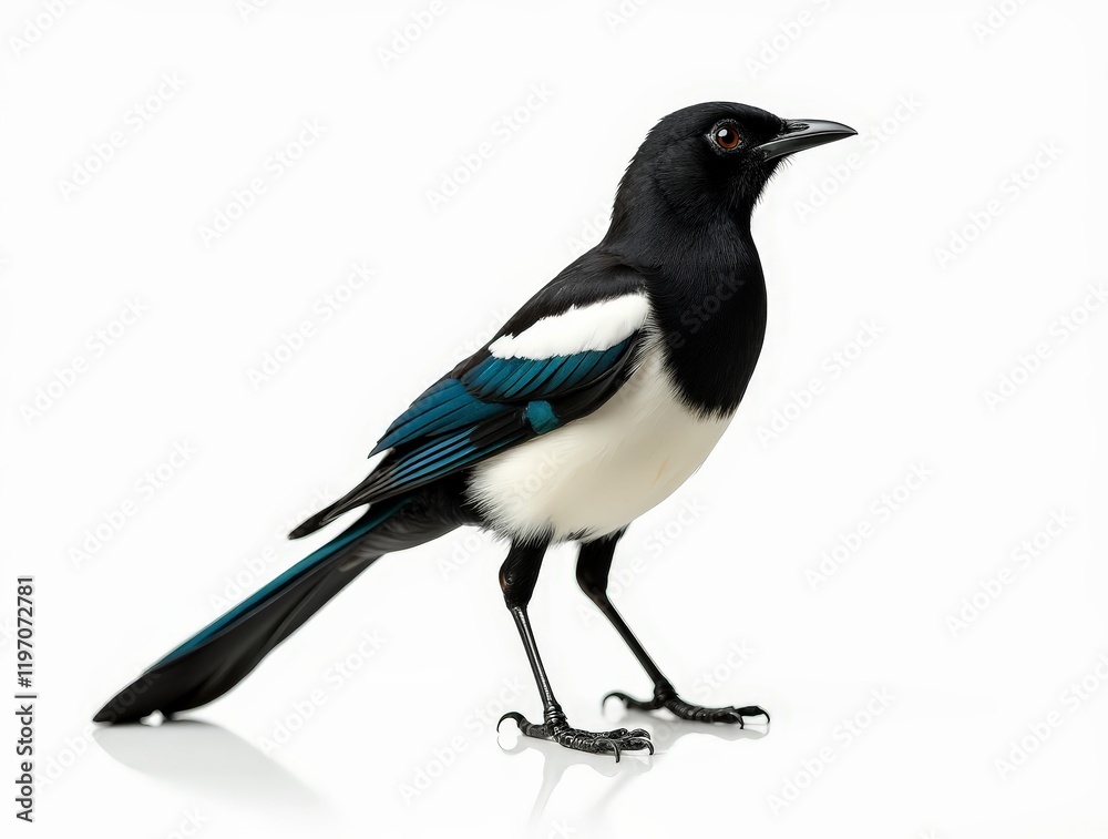 Obraz premium Black and white bird with colorful feathers perched and poised for action. Eurasian magpie