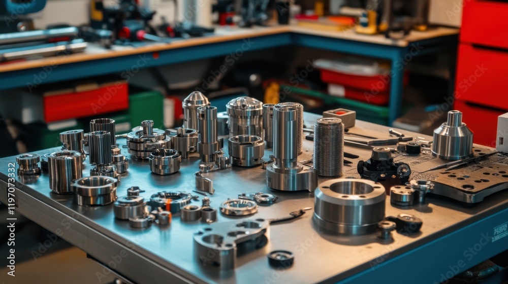 Fototapeta premium A collection of precision tools and parts arranged on a workbench.