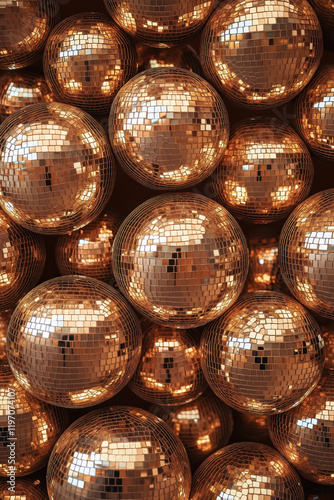 repeating pattern of mocha mousse hued disco balls with glossy reflective surfaces