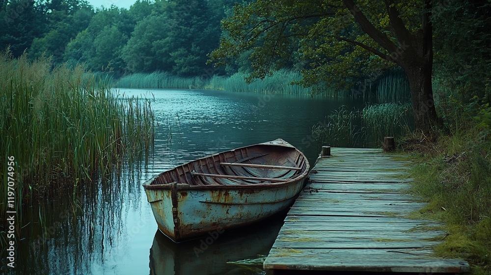 Rustic boat moored at lakeside dock, tranquil forest background; nature photography Rustic boat moored at lakeside dock, tranquil forest background; nature photography