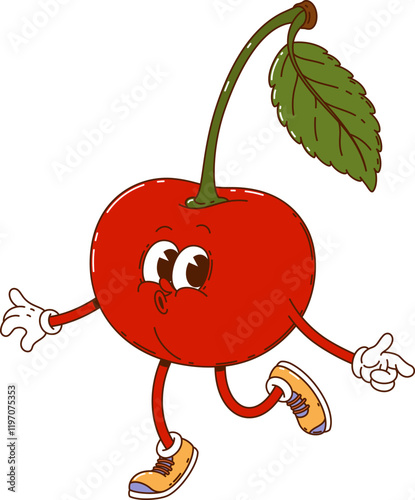 Cartoon groovy cherry berry character happily whistling and dancing. Isolated vector cool red berry with stem and leaf, retro personage wearing sneakers and exuding laid back funky hippie y2k vibes