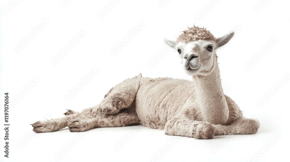 Fototapeta premium Studio photography close-up of a freshly shorn alpaca in a white setting
