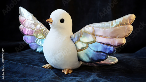 A dove plush with iridescent wings