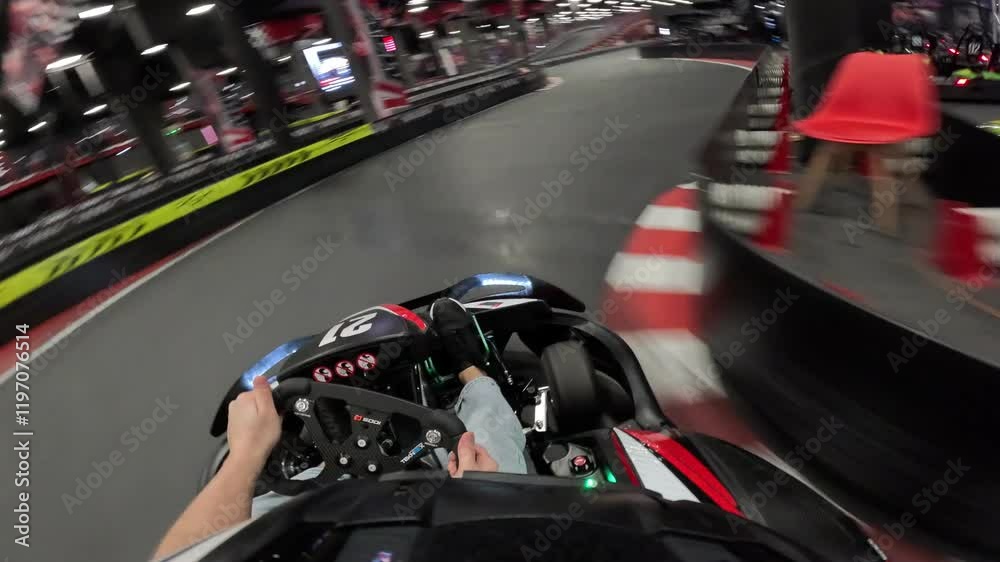 See POV kart racing on the karting track. Kart driving. Karting driving point of view. Drivers driving karts on a race track. First person view of the steering