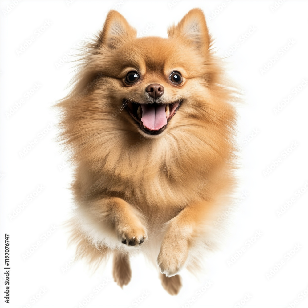 Fluffy funny pomeranian jumping with big smile on white background Fluffy funny pomeranian jumping with big smile on white background