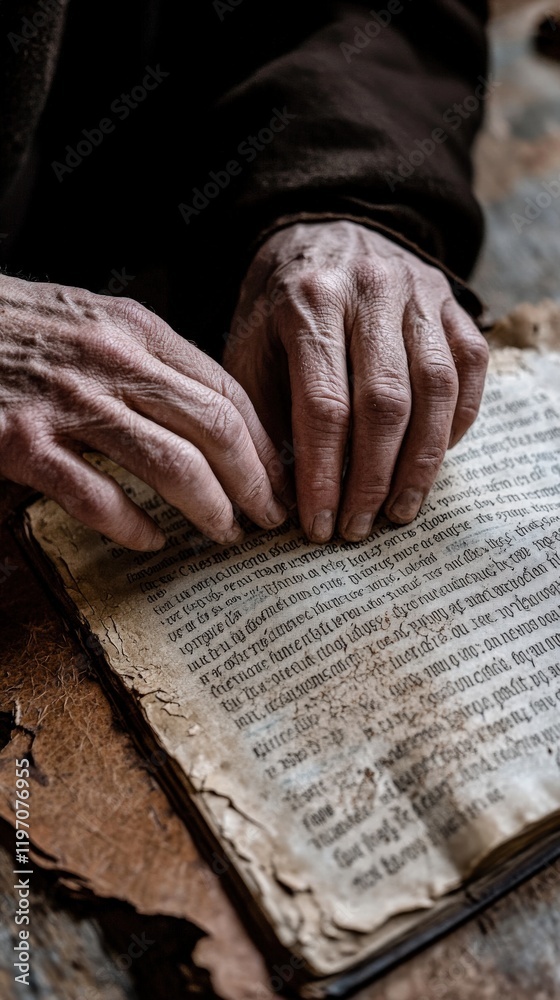 Monk's Hands Tracing Verses on a Worn Bible Page with Soft Lighting and Detailed Textures Monk's Hands Tracing Verses on a Worn Bible Page with Soft Lighting and Detailed Textures