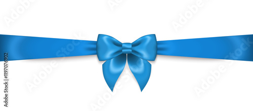 3d realistic silk blue ribbon bow. Gift Card with Place for Text. Vector Illustration. Invitation Decorative Template, Voucher Design. Father day decor, happy birthday banner, Christmas gift border
