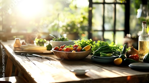 Rustic farm table filled with fresh produce, vibrant vegetables and fruits in natural sunlight, farmtotable concept photo