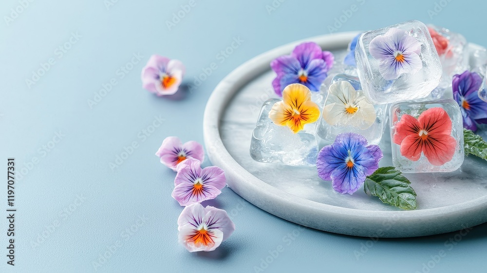 Vibrant frozen flowers arranged artistically on a marble plate against a soft blue background. Vibrant frozen flowers arranged artistically on a marble plate against a soft blue background.