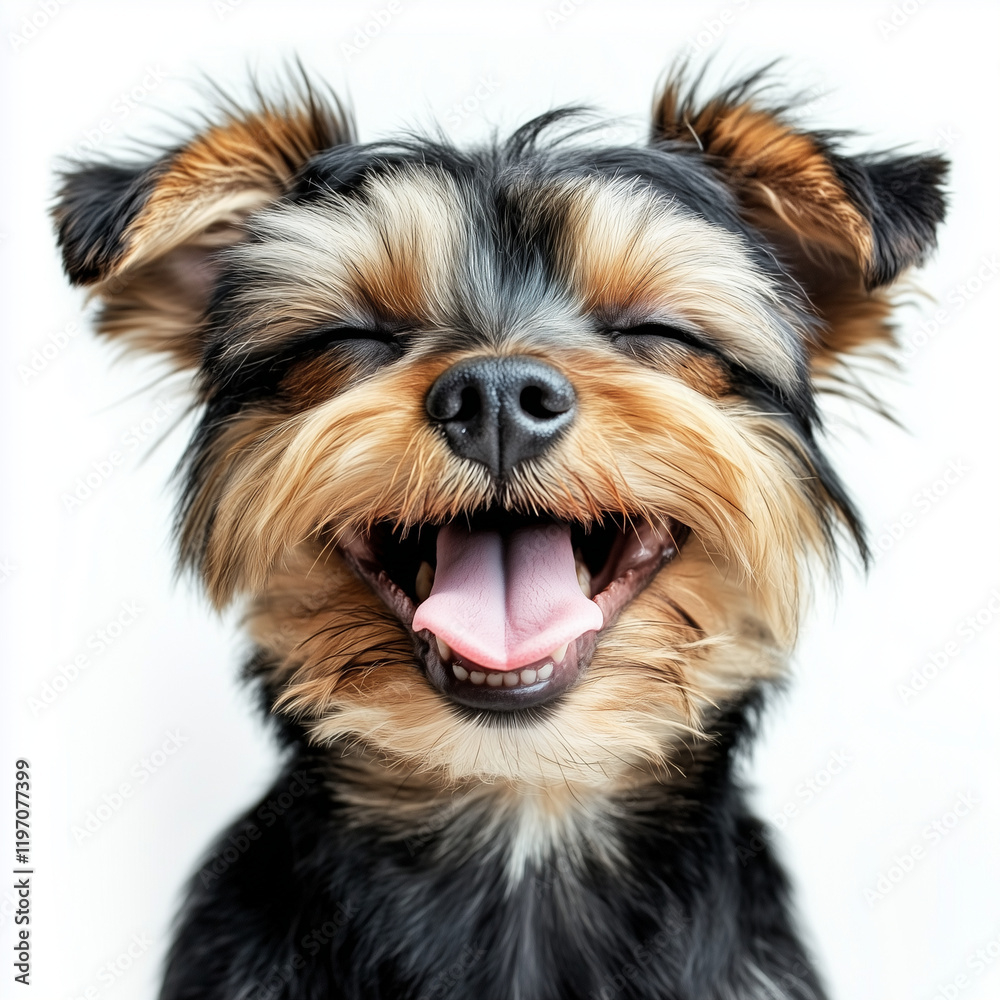 Laughing Yorkshire terrier with its tongue out and goofy smile on white background Laughing Yorkshire terrier with its tongue out and goofy smile on white background
