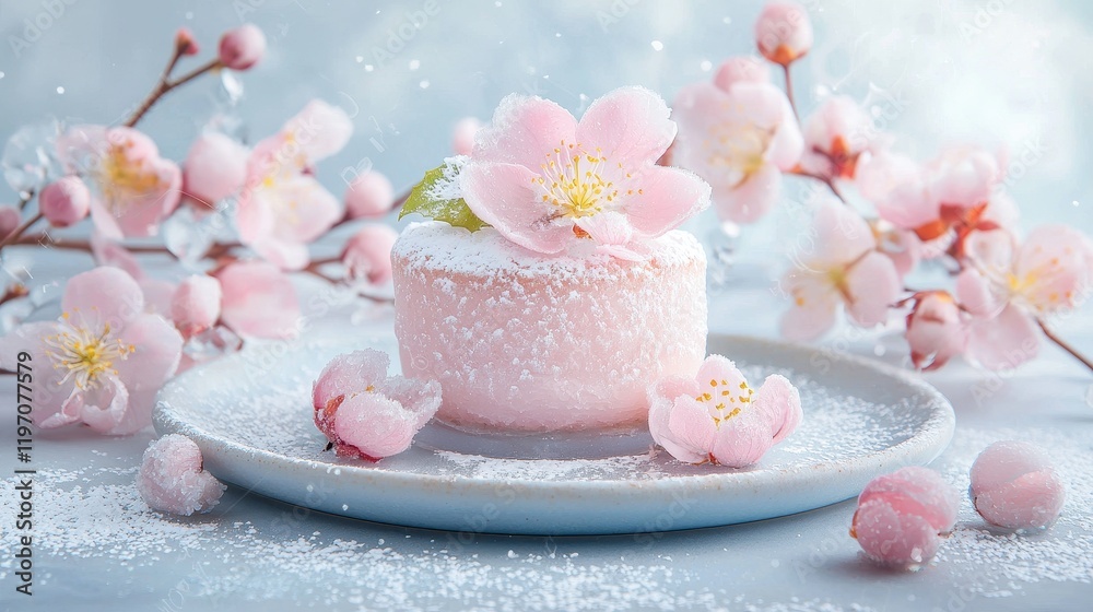 A delicate pink cake adorned with blossoms and sprinkled with sugar on a light background. A delicate pink cake adorned with blossoms and sprinkled with sugar on a light background.