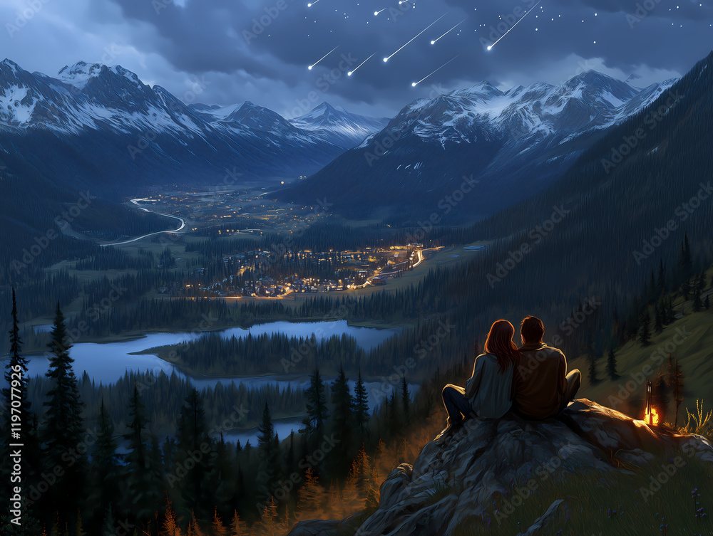 Couple making a wish under the meteor shower Couple making a wish under the meteor shower