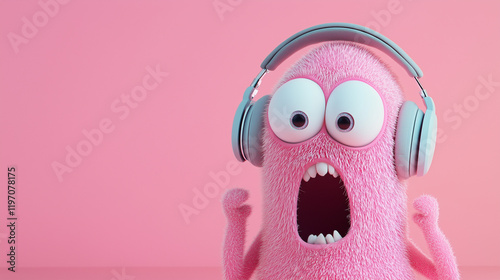 monster with headphones and a shocked expression, wide eyes, and mouth open in surprise. Perfect for fun, music-related themes, gaming, or expressive illustrations. Great for stock images, app icons