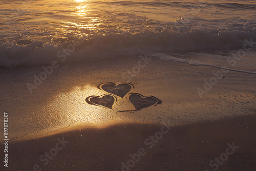 Sunset Beach Romance: Three Hearts Drawn in Golden Sand at Dusk photo