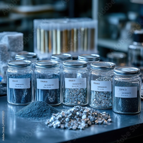 Erbium ingots and oxide powder in glass containers displayed in modern laboratory.

 photo