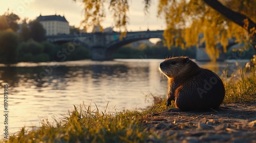 River rodent sunset city backdrop photo