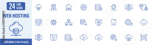 Web Hosting line icon set. Contains icons as web hosting, cloud computing, website, server, database, SSL, storage, security and more. Vector illustration.